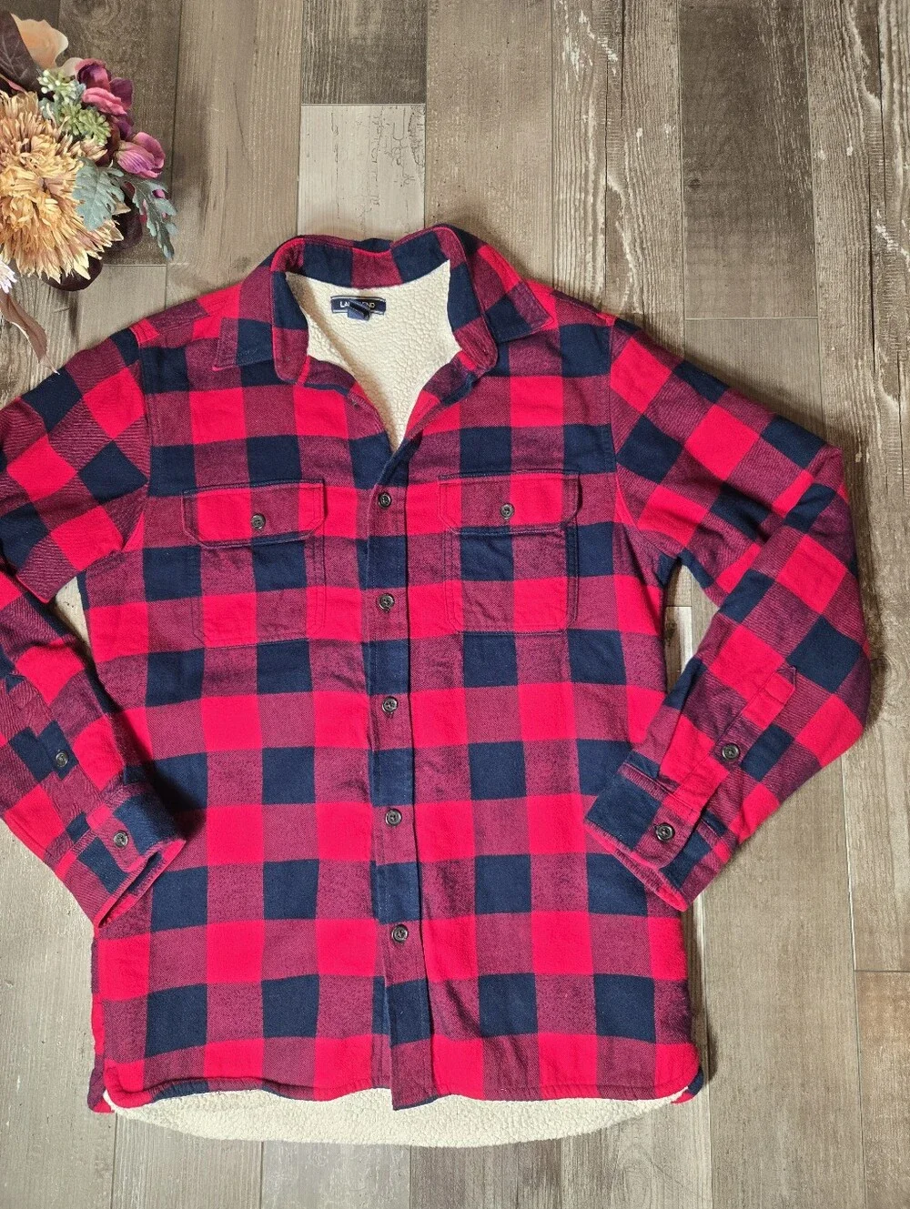 Lands’ End Red & Navy Buffalo Plaid Sherpa-Lined Shacket Men's Size Small